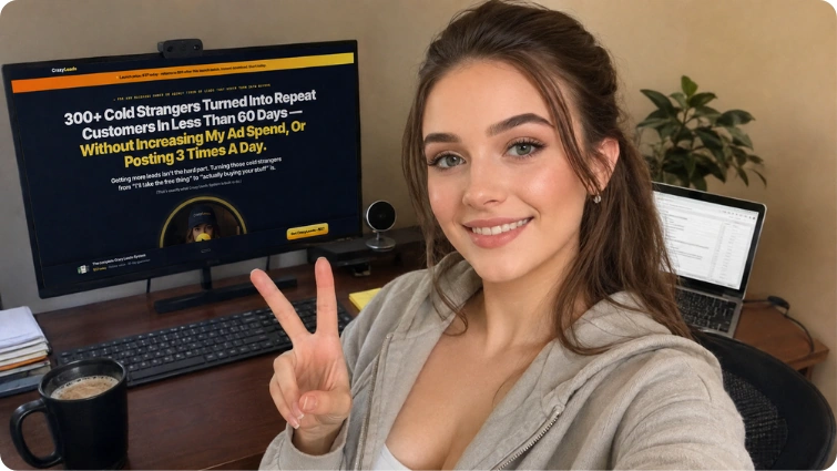 Crazy Leads System creator with the page running behind her