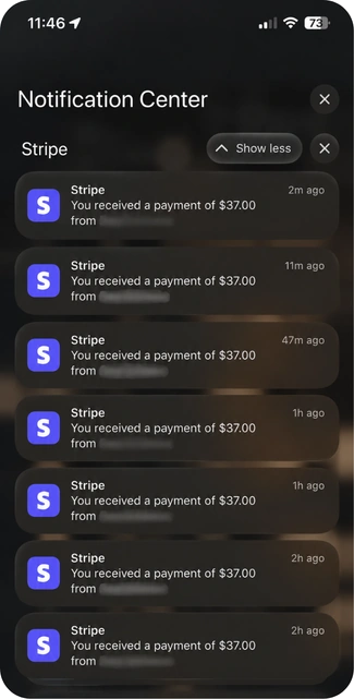 Stripe notifications showing multiple $37 payments