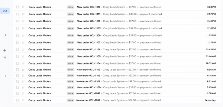 Inbox showing Crazy Leads orders and payment confirmations
