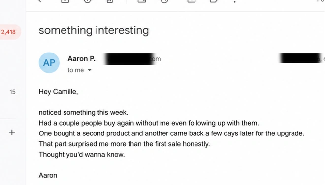Email describing repeat purchases from customers